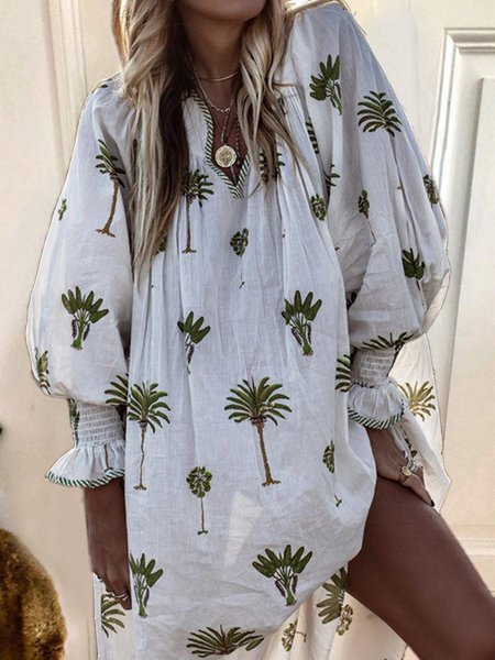 Women Casual Sundress Sexy V-neck Lantern Sleeve Floral Print Elegant Loose Bohemian Beach Dress