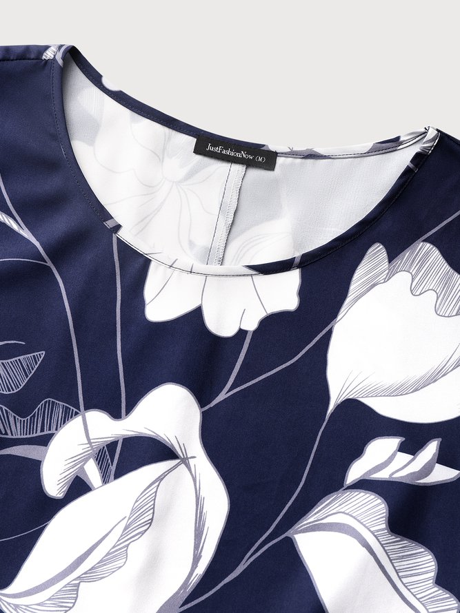 Round Neck Floral Casual Midi Dress