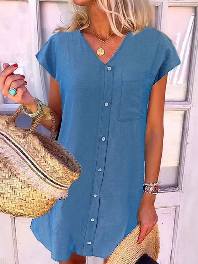 Casual Loose V Neck Vintage Short Sleeve Plain Mini Denim Blue Dress