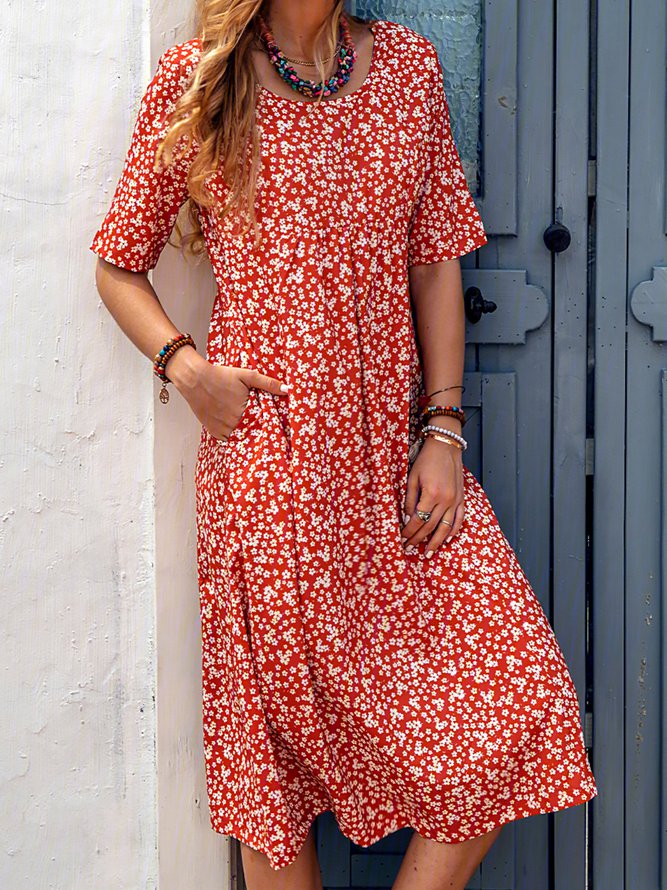 Ditsy Floral Printed Crew Neck Pockets Short Sleeve Casual Midi Shirt Dress
