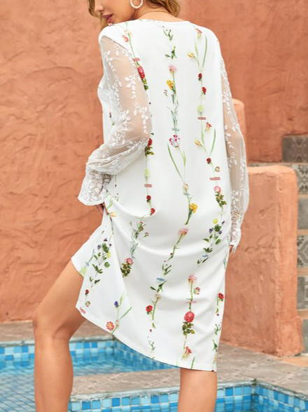 V Neck Floral Cotton Blends Long sleeve women Prom Dress
