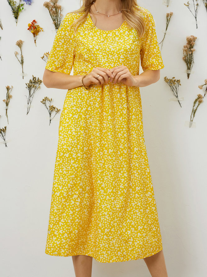 Ditsy Floral Printed Crew Neck Pockets Short Sleeve Casual Midi Shirt Dress