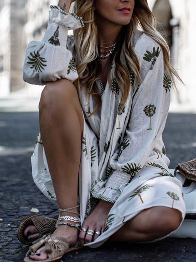 Women Casual Sundress Sexy V-neck Lantern Sleeve Floral Print Elegant Loose Bohemian Beach Dress