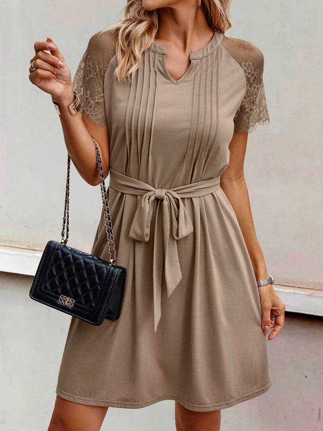 Loose Lace Elegant Contrast Lace Raglan Sleeve Belted Dress