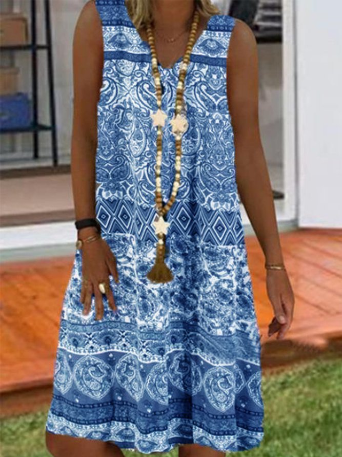 Casual Sleeveless V Neck Printed Weaving Dress