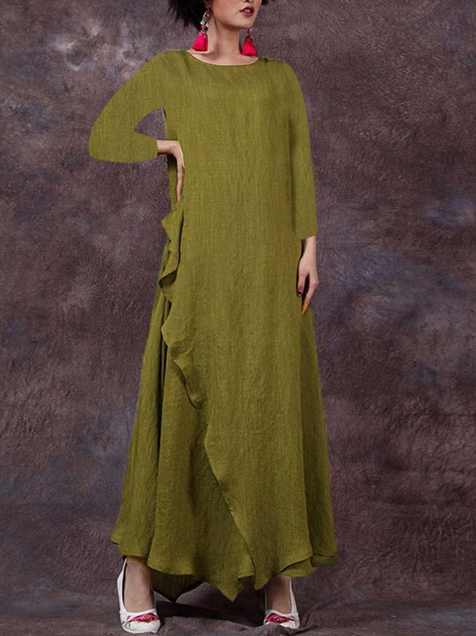 Crew Neck Women Casual Daytime Big Hem Dress Weaving Dress