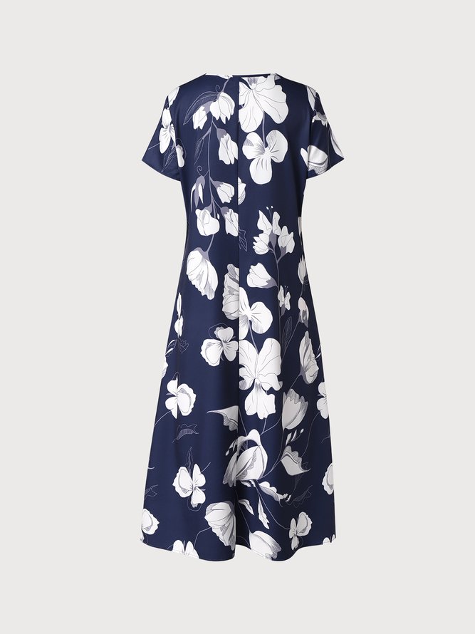 Round Neck Floral Casual Midi Dress