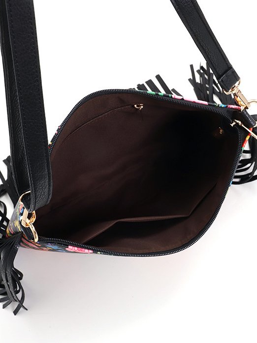 Retro Leather Tassel Flower Pattern Diagonal Shoulder Bag Western Ethnic Women's Bag