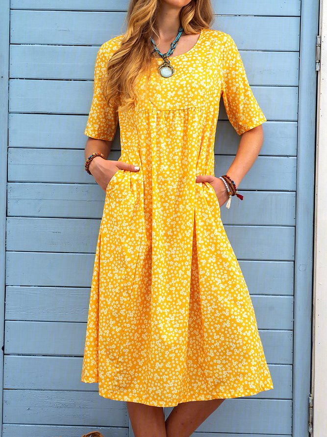 Ditsy Floral Printed Crew Neck Pockets Short Sleeve Casual Midi Shirt Dress