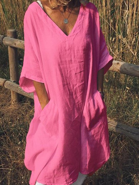 Plus Size Casual V Neck Half Sleeve Pockets Dresses