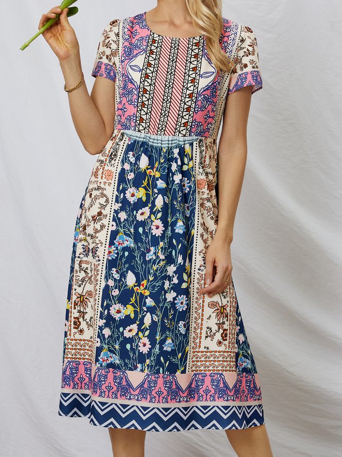 Round Neck Boho Vacation Midi Dresses