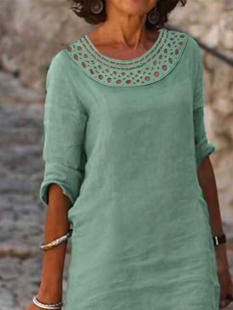 Plain Crew Neck Lace Vacation Linen Dress