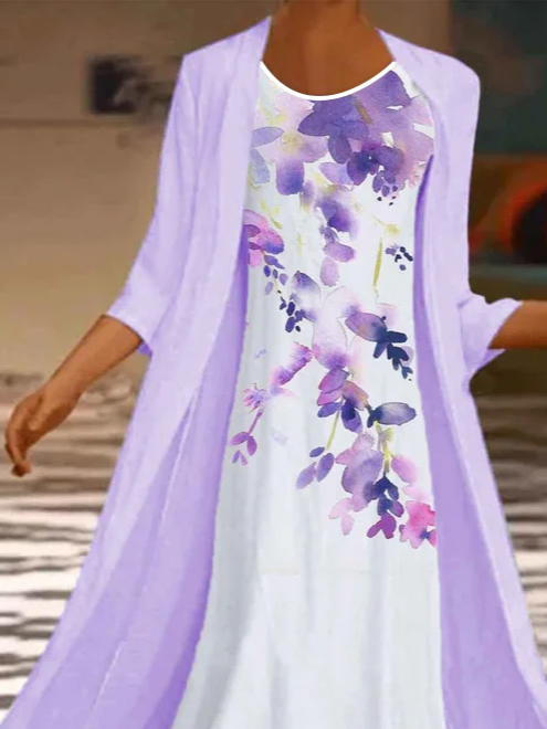 Round Neck Floral Casual Dress & Cardigan