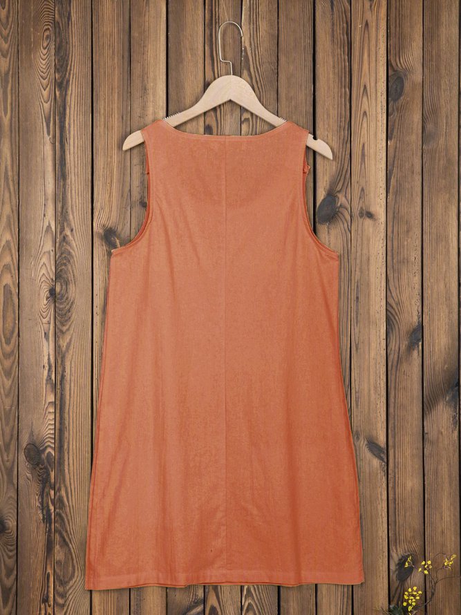 Round Neck Sleeveless Buttoned Plain Causal Mini Dresses