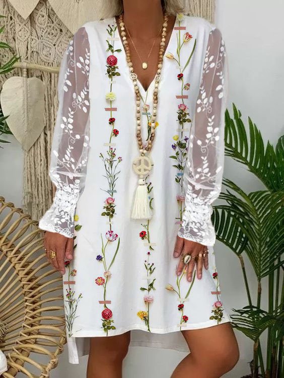 V Neck Floral Cotton Blends Long sleeve women Prom Dress
