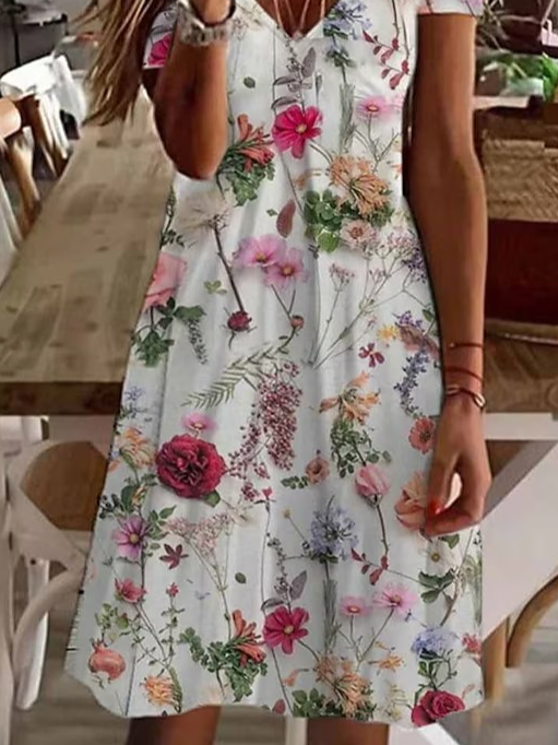 V Neck Casual Floral Loose Dress