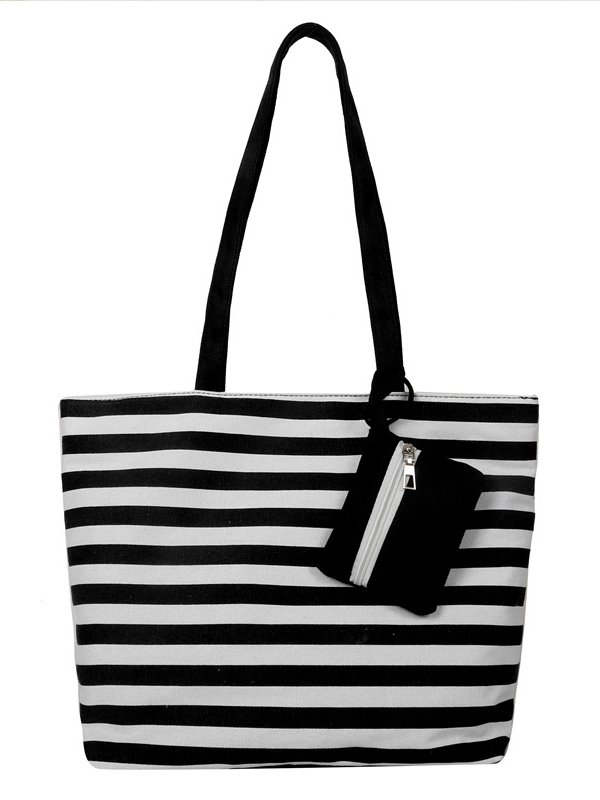 Contrast Color Stripe Tote Women's Shoulder Bag Coin Purse Large Capacity