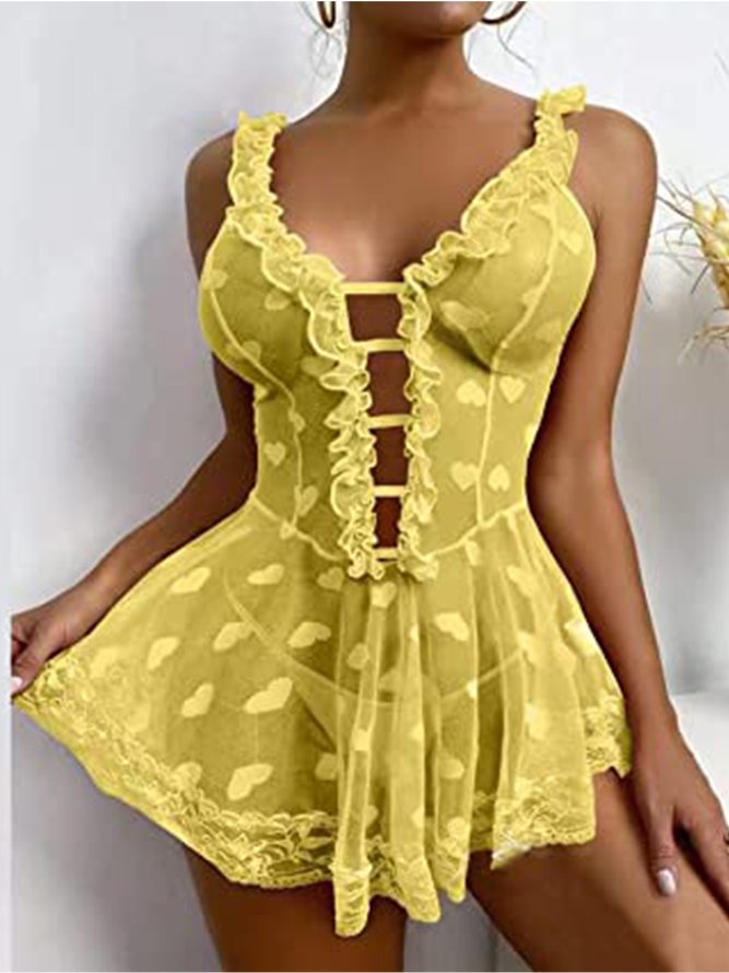 Heart Shape/Heart Shape Lace V Neck Sexy Lingerie Nightdress Babydoll