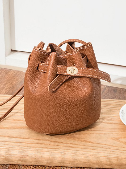 Urban Casual Leather Imitation Drawstring Twist Lock Bucket Bag Messenger Bag Women