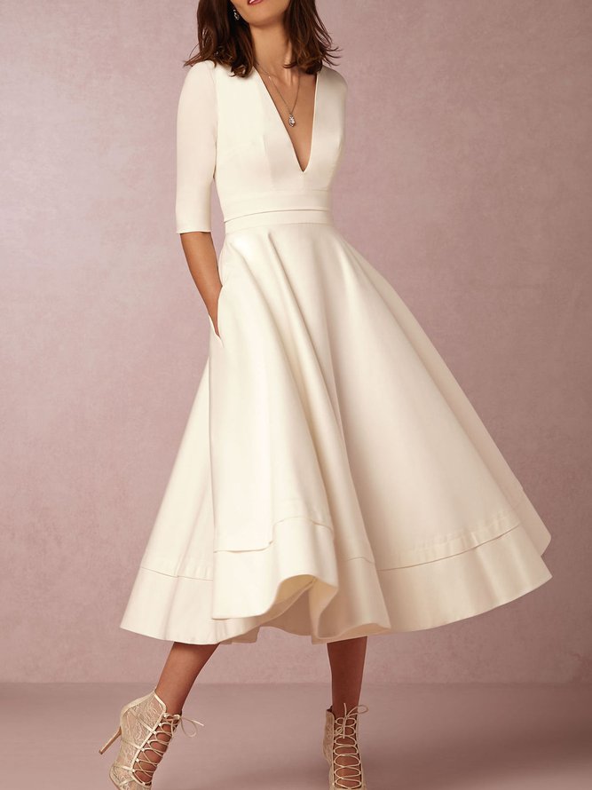 Women Deep V Neck 3/4 Sleeve Paneled Solid Elegant Swing Prom Dress