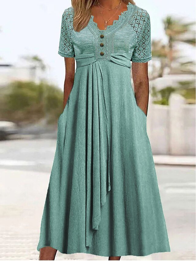 Casual Loose V Neck Lace Plain Dress