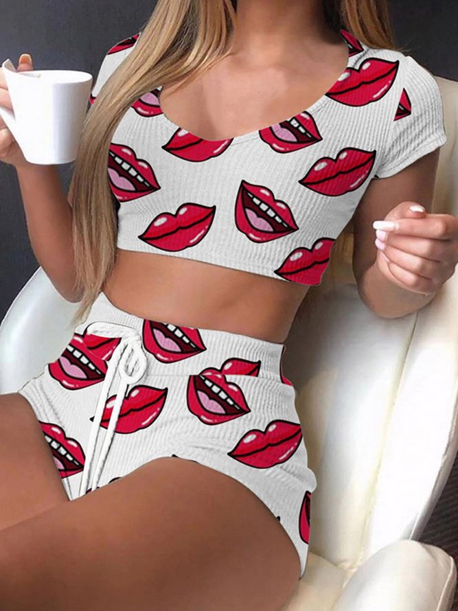 Mouth Crew Neck Regular Fit Regular Sleeve Casual Pajama Set