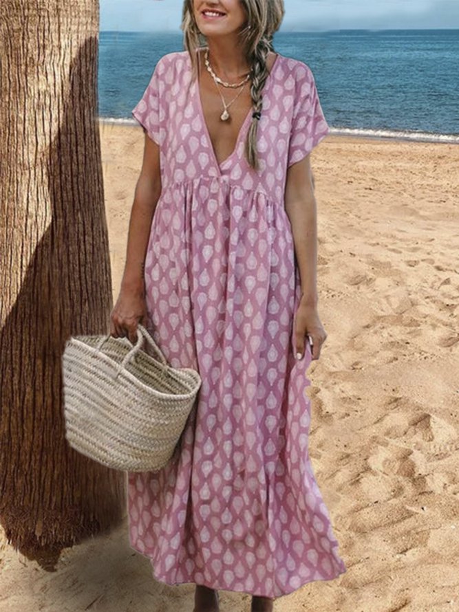 Printed V Neck Shift Casual Floral Maxi Weaving Dress