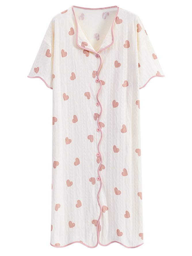 Breathable Comfortable Heart Print Texture Fabric V Neck Lapel Loose Nightdress
