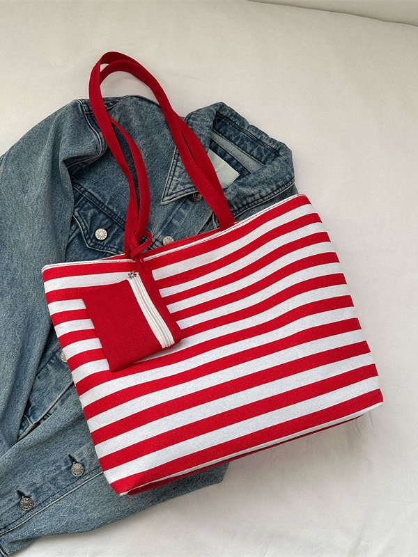 Contrast Color Stripe Tote Women's Shoulder Bag Coin Purse Large Capacity