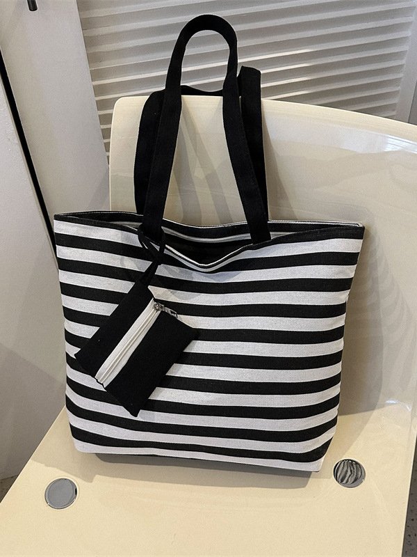 Contrast Color Stripe Tote Women's Shoulder Bag Coin Purse Large Capacity