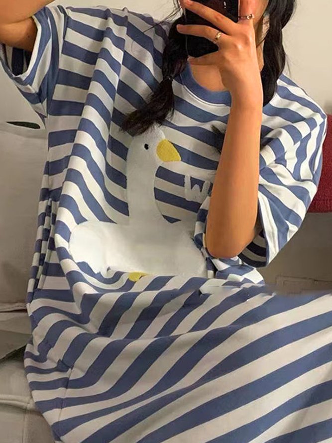 Breathable Comfortable Blue&White Striped Animal Pattern Loose Nightdress