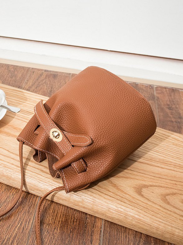 Urban Casual Leather Imitation Drawstring Twist Lock Bucket Bag Messenger Bag Women