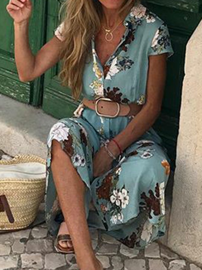 Shirt Collar Women Weaving Dress Shift Daily Cotton-Blend Floral Weaving Dress