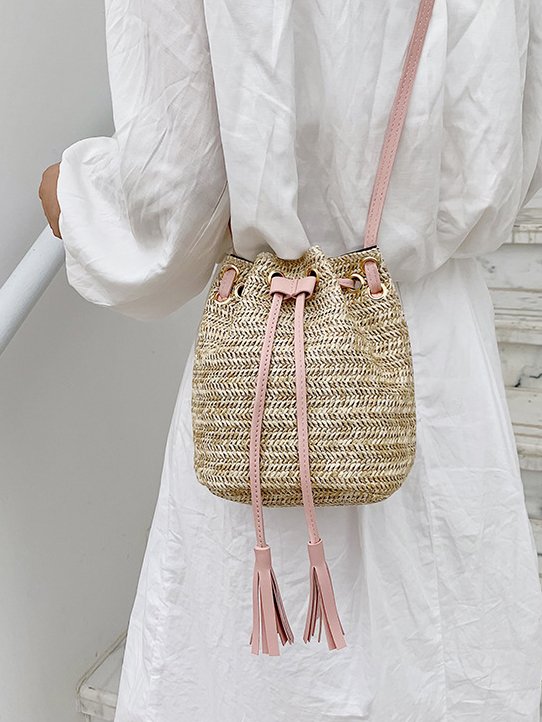 Casual Straw Drawstring Crossbody Bag Women's Shoulder Bag Urban Vacation