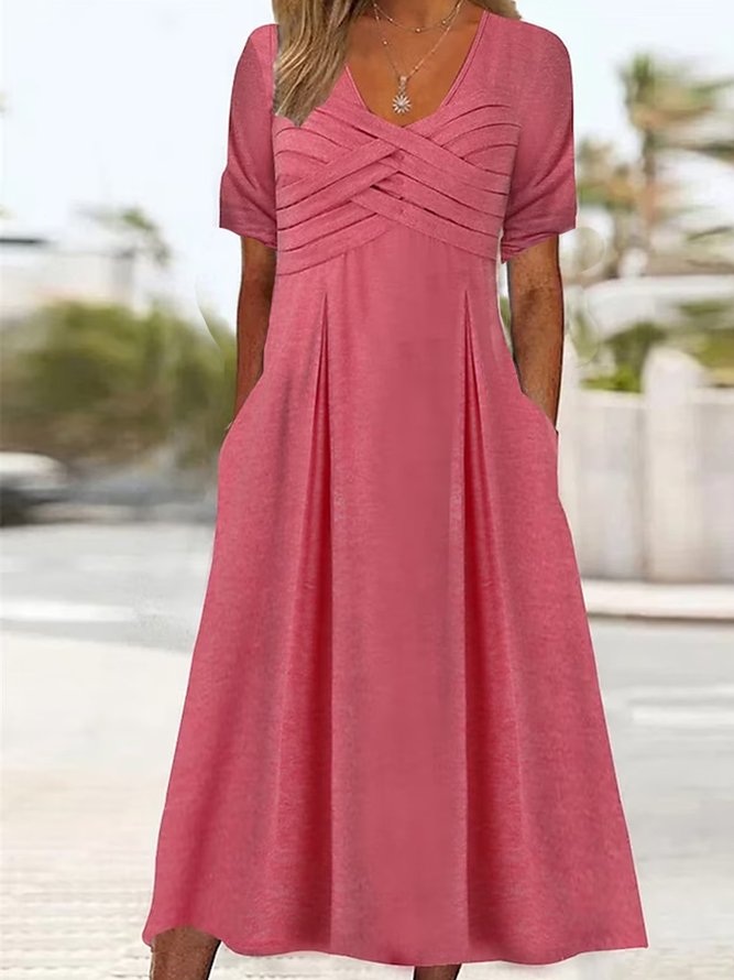 Plain V Neck Loose Casual Plain Pocket Knot Front Dress