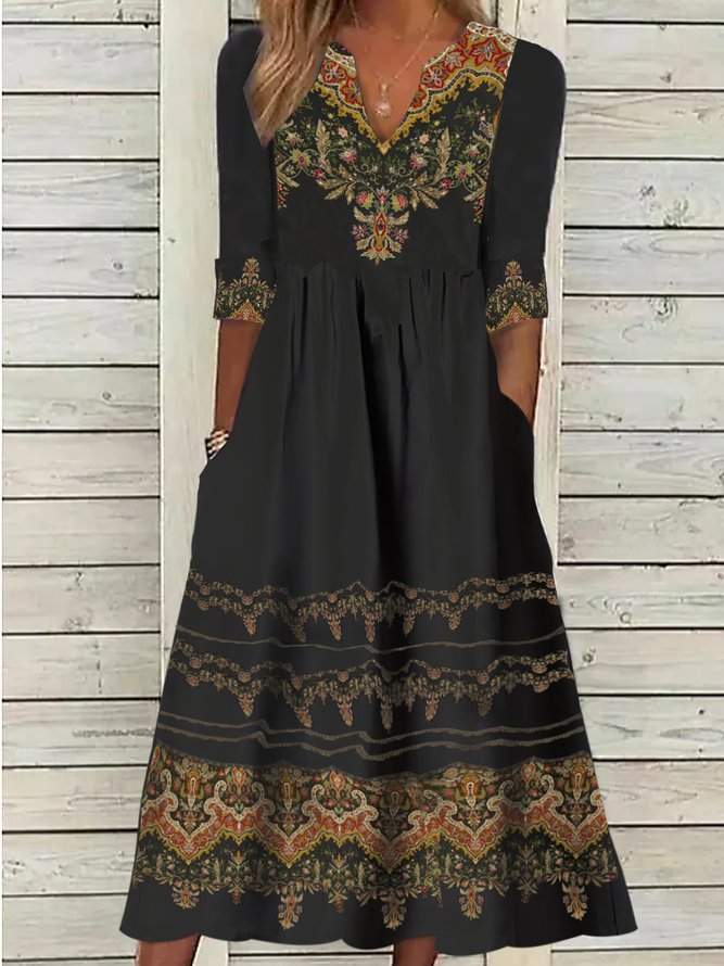 V Neck Ethnic Jersey Casual Dress
