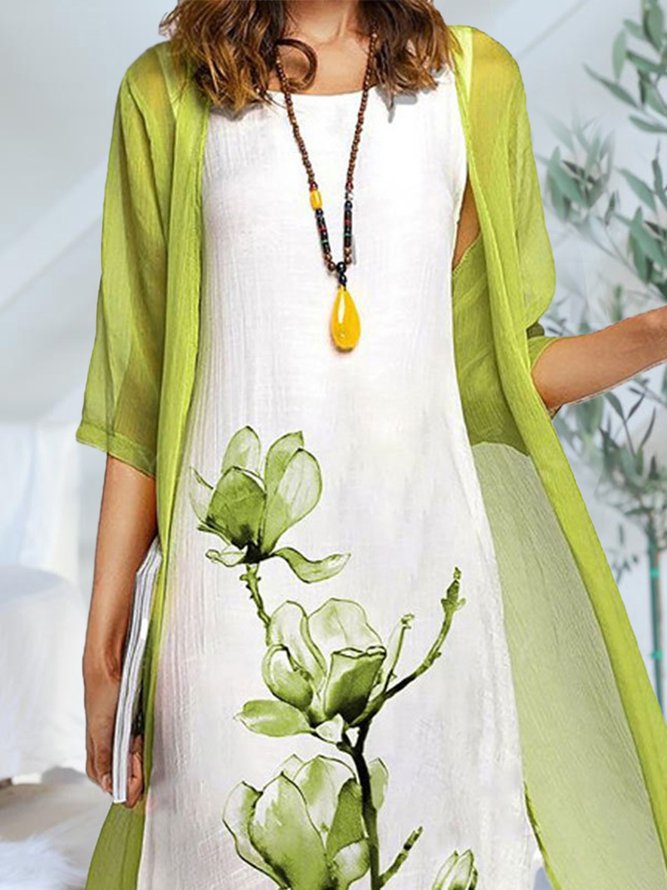 Round Neck Two Piece Floral Linen Casual Midi Dresses