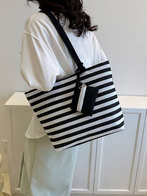 Contrast Color Stripe Tote Women's Shoulder Bag Coin Purse Large Capacity
