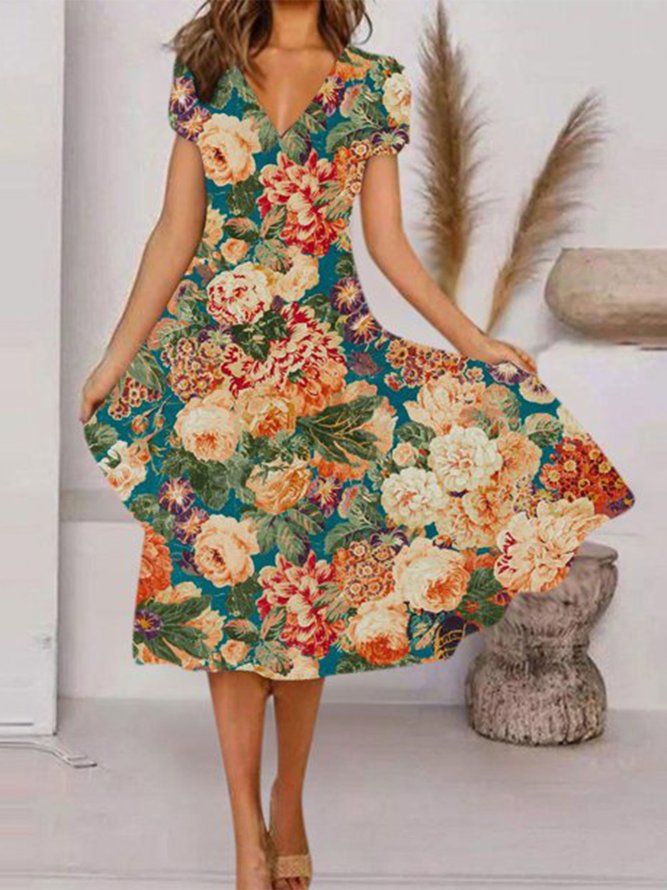 Regular Fit Floral Elegant V Neck Dress
