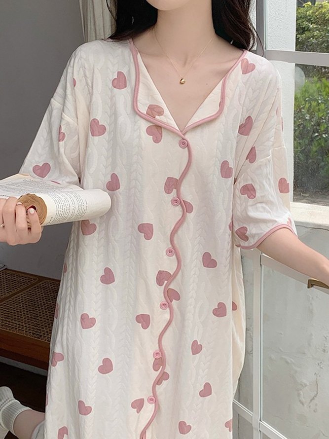 Breathable Comfortable Heart Print Texture Fabric V Neck Lapel Loose Nightdress