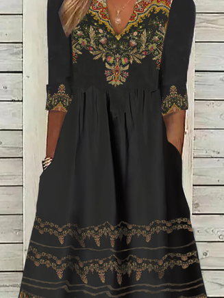 V Neck Ethnic Jersey Casual Dress