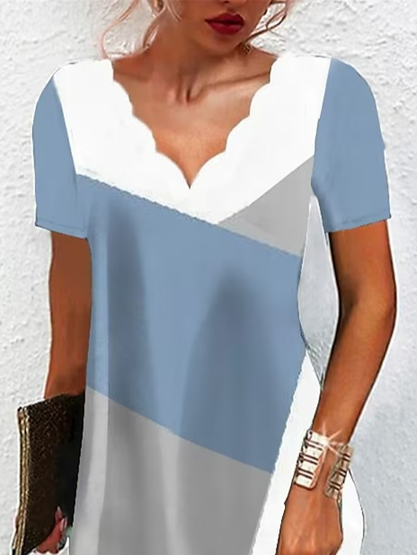 V Neck Loose Color Block Casual Dress