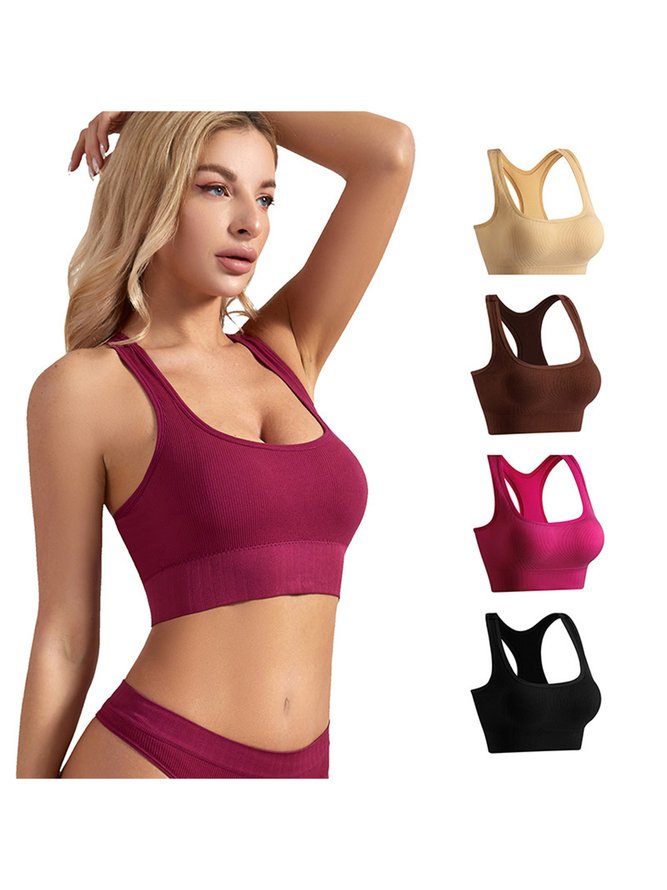 Casual Crew Neck Plain Sports Bra