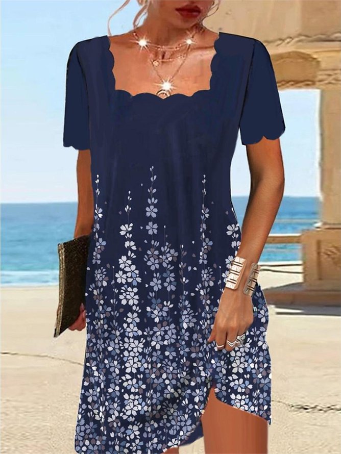 Loose Square Neck Casual Floral Regular Sleeve Dress With No