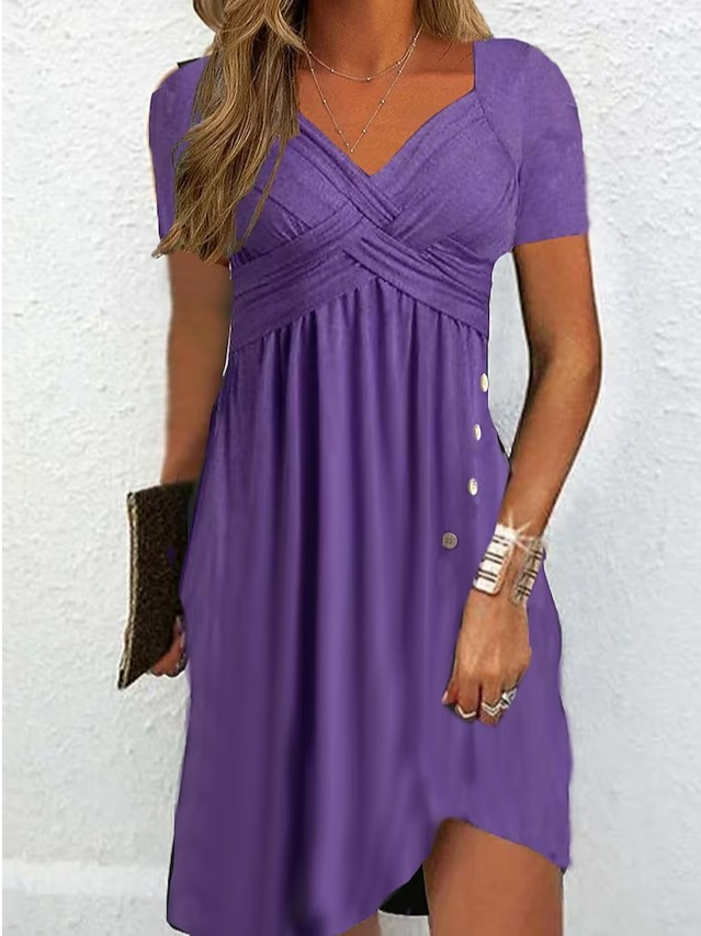 Loose Casual V Neck Plain Dress With No Belt