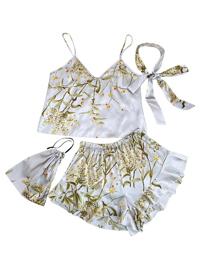 Elegant Ruffled Silk Floral-Print Camisole Pajama Set