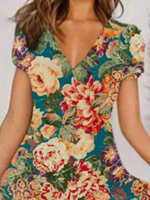 Regular Fit Floral Elegant V Neck Dress