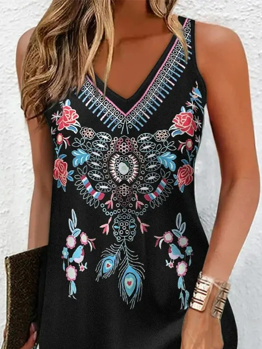 V Neck Casual Ethnic Loose Dress