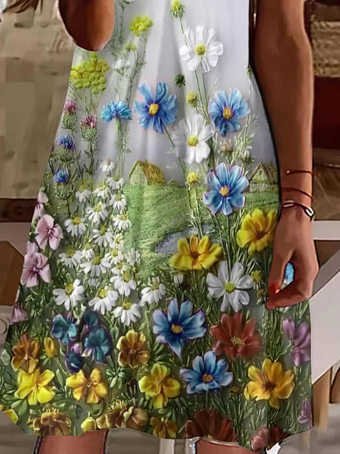 Floral Regular Fit Crew Neck Casual Dress