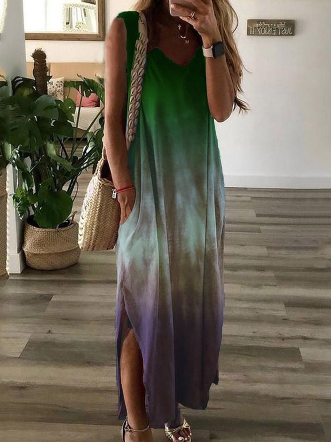 Purple V Neck Ombre/tie-Dye Shift Casual Dresses